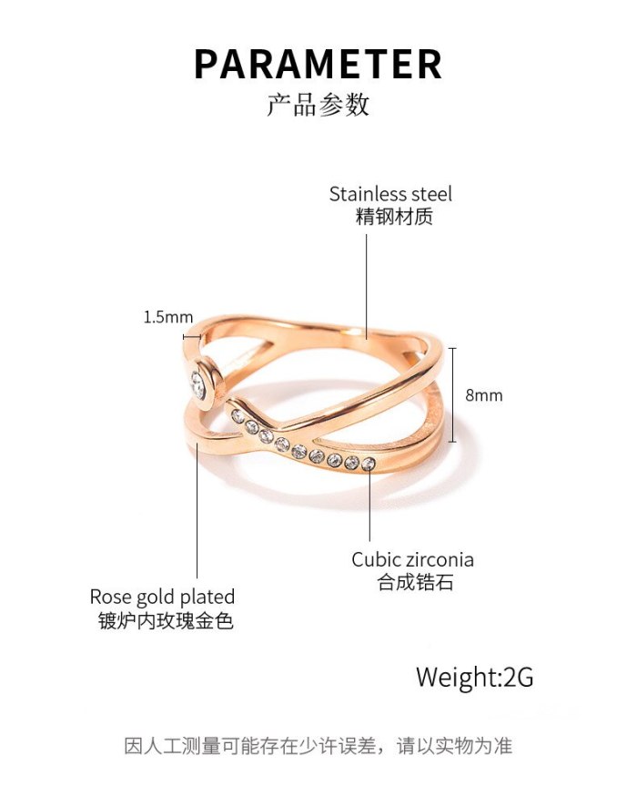 Korean Simple Cross Index Finger Titanium Steel Ring for Women's Fashion Versatile Rose Gold Plated Diamond Ring Gb696
