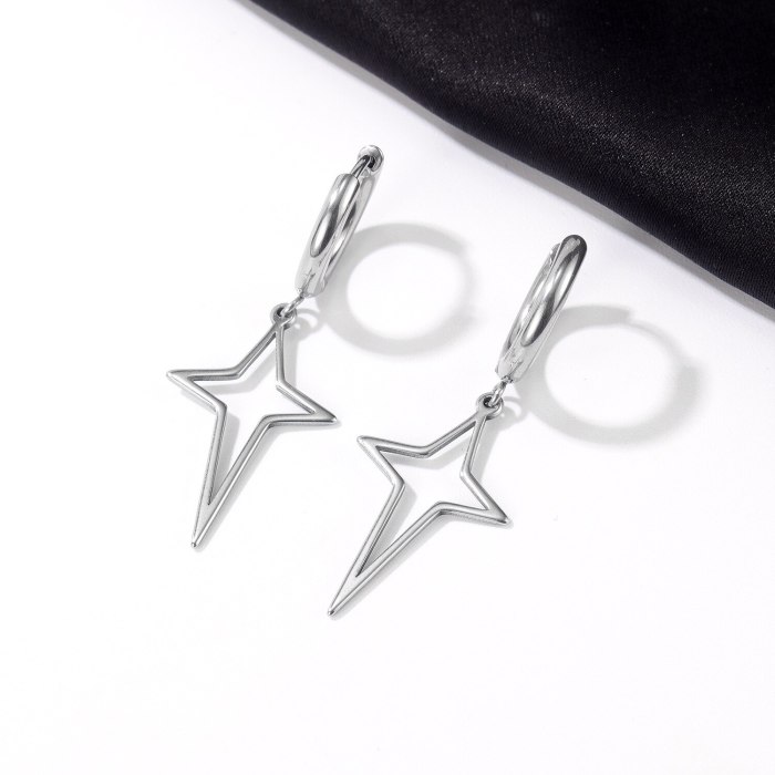 Korean Version of Simple Ins Wind Ray Stars Titanium Steel Earrings Fashion Trendy Men and Women Geometric Hollow Earrings Gb598