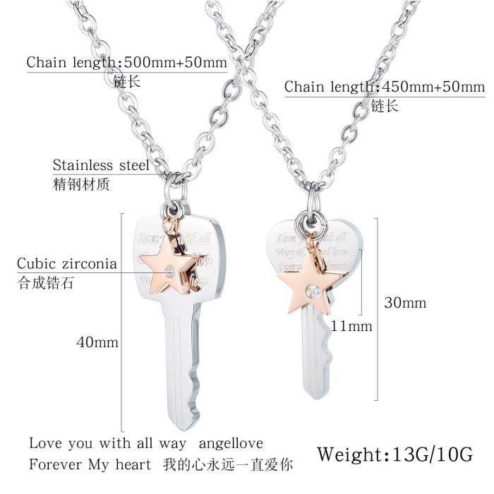Korean Personality Popular Titanium Steel Key Couple Titanium Steel Necklace Simple Star-encrusted Drill Niche Pendant Gb1688