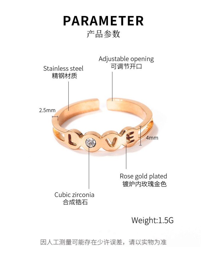 Korean Ring Female Hollow Love Letter Personality Titanium Steel Zircon Opening Adjustable Ring Jewelry Gb697