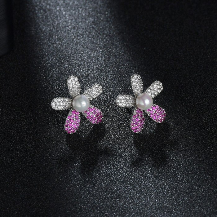S925 Sterling Silver Stud Earrings Korean Temperament Pearl Earrings Zircon Inlaid Earrings Wholesale QxWE1290