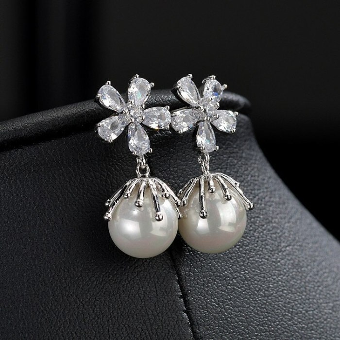 Flower Zircon Stud Earrings Pearl Earrings Korean Style S925 Sterling Silver Exquisite Girl Earrings Qxwe1125