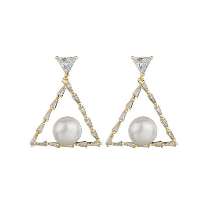 S925 Pure Silver Needle Pearl Zircon Inlaid Earrings Korean Version Exquisite Triangle Geometry Earrings Wholesale Qxwe1023