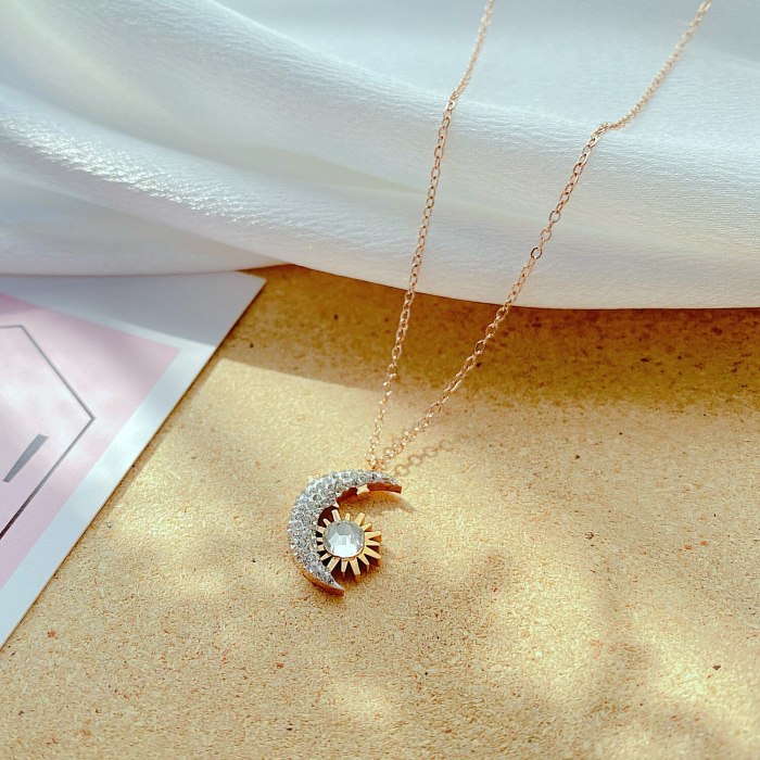 Korean Version New Product Fashion Temperament Moon Sun Diamond Ladies Titanium Steel Necklace Wholesale Gb1850
