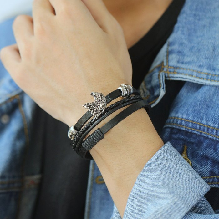 European Style Street Personality Eagle Head Multi-layer Woven Men's Leather Bracelet Jewelry Gb1412