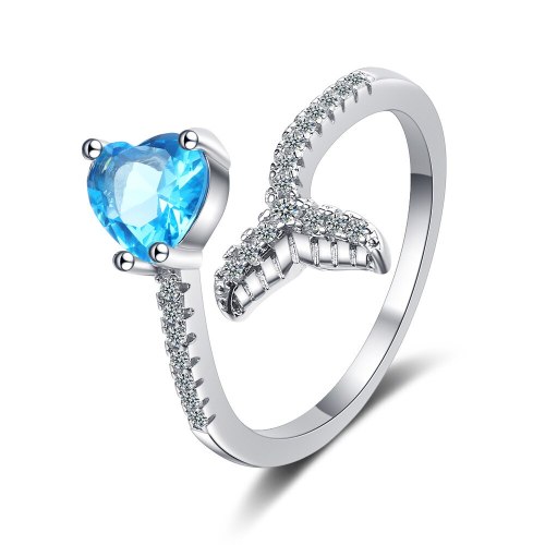 Heart-shaped Blue Diamond Ring Female Korean Fashion Ins Wind Fishtail Diamond Sweet Open Ring XzJZ339