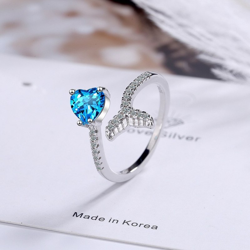 Heart-shaped Blue Diamond Ring Female Korean Fashion Ins Wind Fishtail Diamond Sweet Open Ring XzJZ339