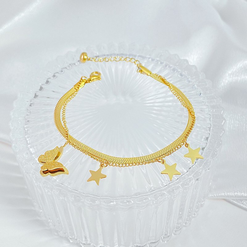 Korean3D Butterfly Decorative Bracelet Mori Girls Five Pointed Star Stainless Steel Double Layer Bracelet Gb1129