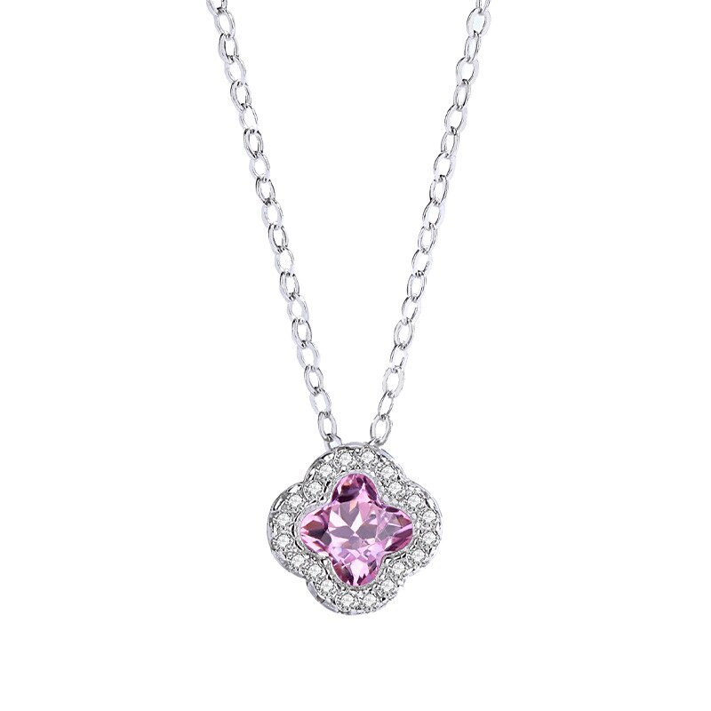 The New Four-leaf Flower Pink Zircon Pendant S925 Sterling Silver Clavicle Chain Female Fashion Korean Necklace MlA2159
