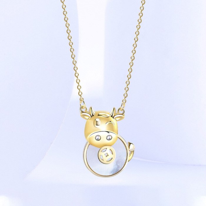 Year of The Ox Gift S925 Sterling Silver Zodiac Cute Cute Cute Cow Necklace Simple Wild Clavicle Chain MlYA0112