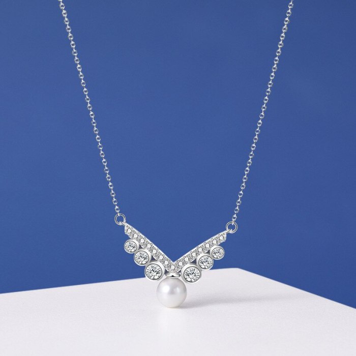 S925 Pure Silver Jewelry Letter V Bead Necklace Simple Set Zircon Collarchain Female Pendant Mra2160