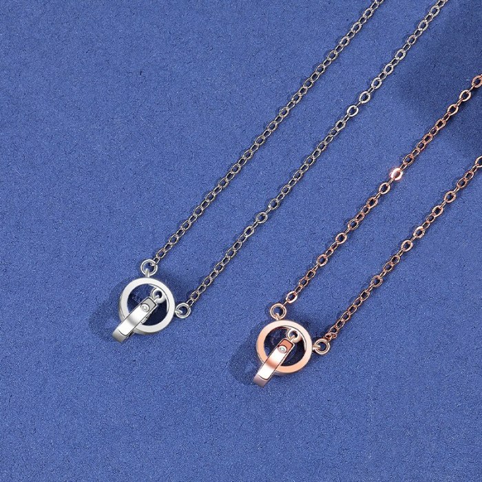 Korean S925 Sterling Silver Round Double-ring Necklace Simple Pendant for Female Clavicle Chain Christmas Gift MlA1959