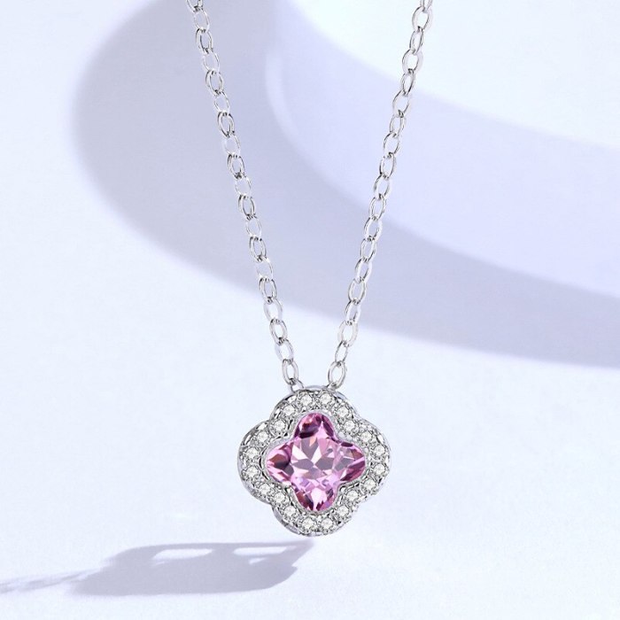 The New Four-leaf Flower Pink Zircon Pendant S925 Sterling Silver Clavicle Chain Female Fashion Korean Necklace MlA2159