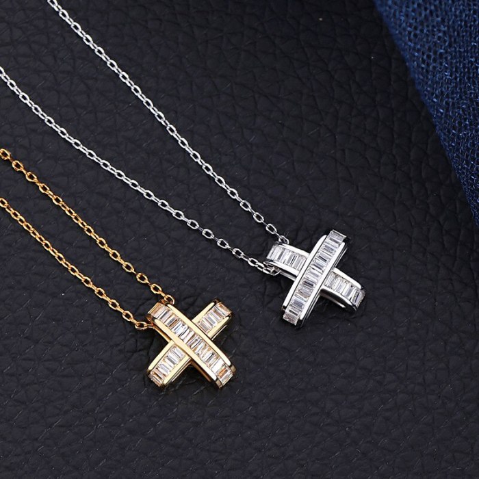 S925 Sterling Silver Cross Pendant Female Necklace with Zircon Clavicle Chain Korean Temperament Accessories MlA2154