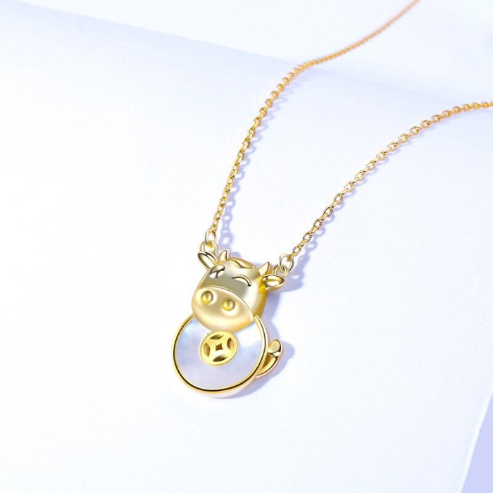 Year of The Ox Gift S925 Sterling Silver Zodiac Cute Cute Cute Cow Necklace Simple Wild Clavicle Chain MlYA0112