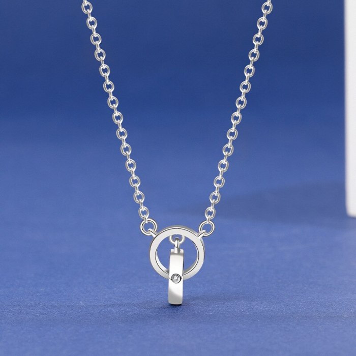 Korean S925 Sterling Silver Round Double-ring Necklace Simple Pendant for Female Clavicle Chain Christmas Gift MlA1959