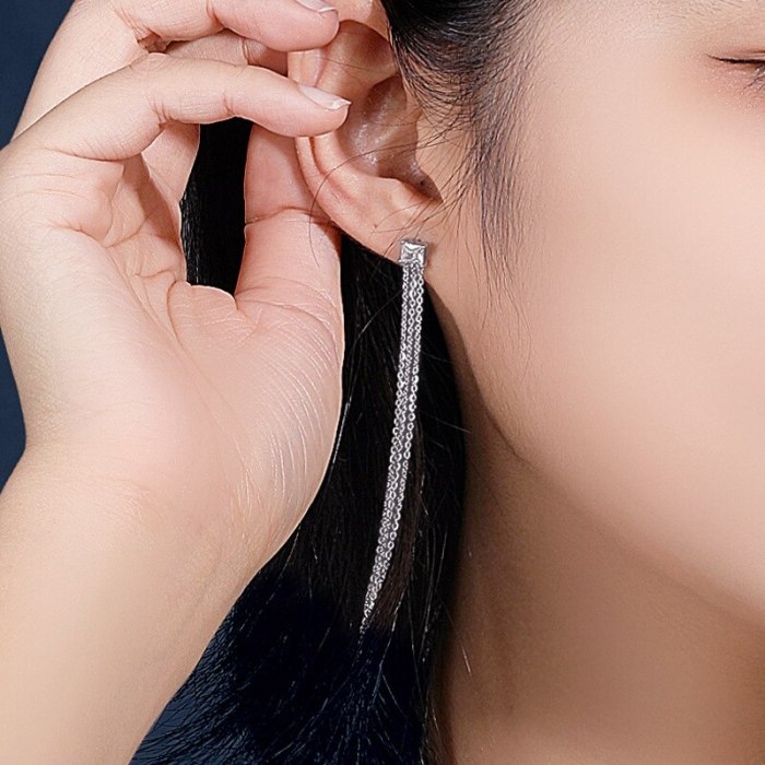 S925 Silver Square Zircon Earrings Women's Geometric Long Tassel Stud Earrings Wholesale Mle2201