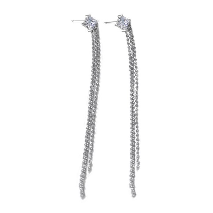 S925 Silver Square Zircon Earrings Women's Geometric Long Tassel Stud Earrings Wholesale Mle2201