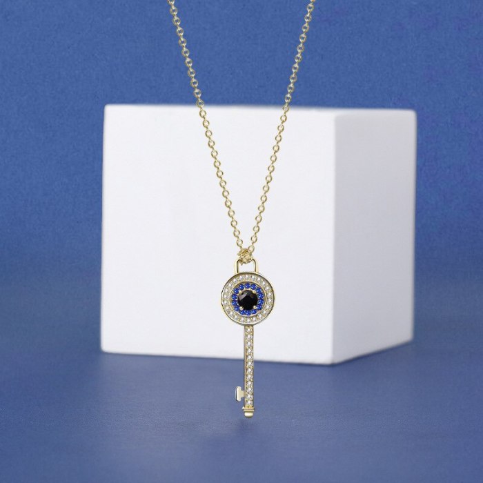 S925 Pure Silver Devil's Eye Key Necklace Female Collarbone Chain Personality Eyes Micro-set Pendant Mra2148