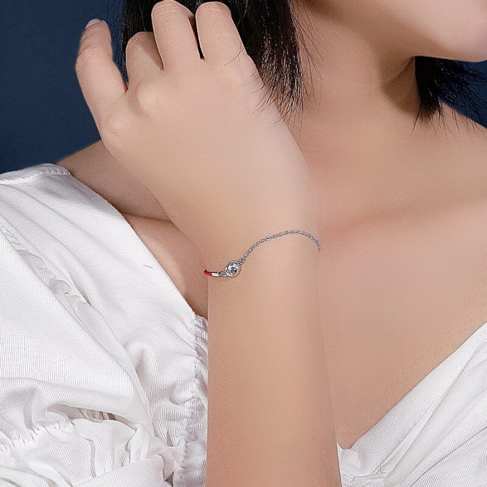 S925 Silver Round Inlaid Zircon Bracelet Female National Style Red Rope Wrist Ornament MlL524