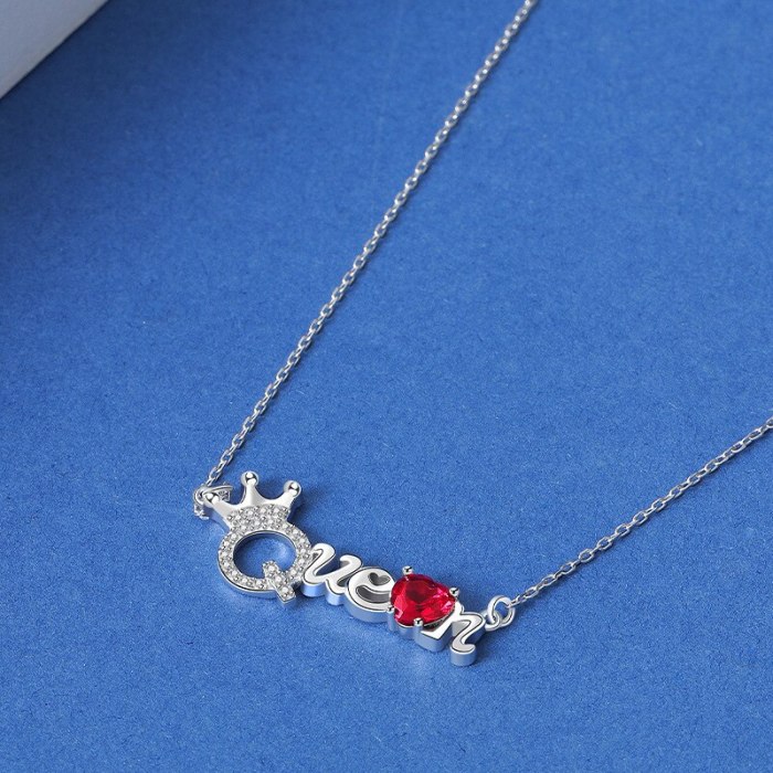 925 Sterling Silver Red Heart Crown Necklace Clavicle Chain English Letter Queen Necklace MlA2062