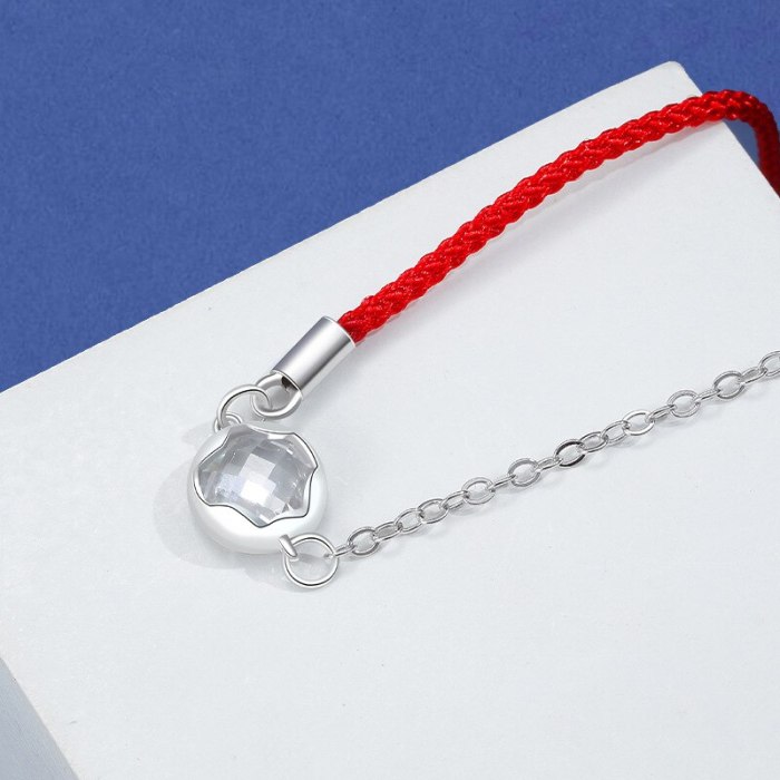S925 Silver Round Inlaid Zircon Bracelet Female National Style Red Rope Wrist Ornament MlL524
