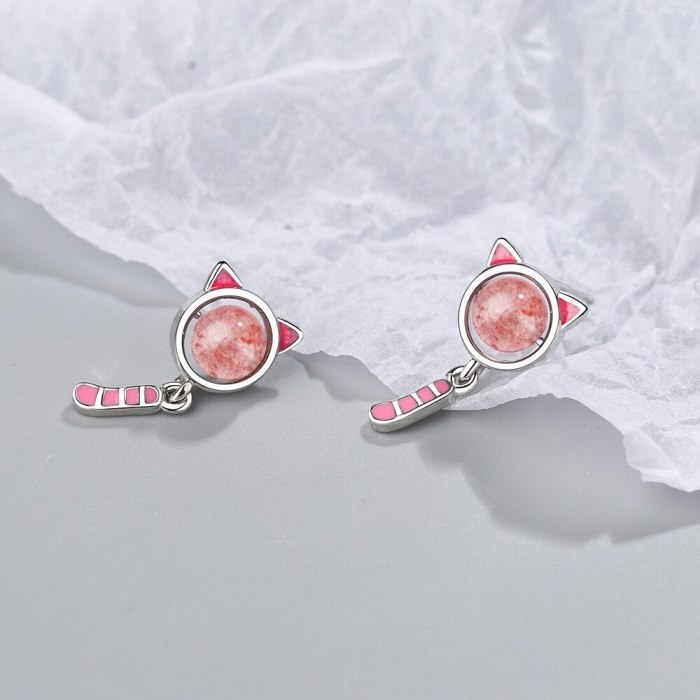 Korean Version Strawberry Cat Studs Female Drop Glue Cute Earrings Personality Creative Earrings XzED909