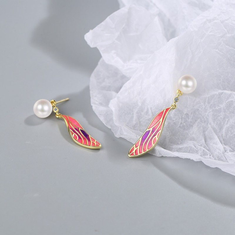 Korean Version Epoxy Gradient Wings Stud Earrings Sweet Pearl Long Earrings Girly Ear Jewelry XzED910