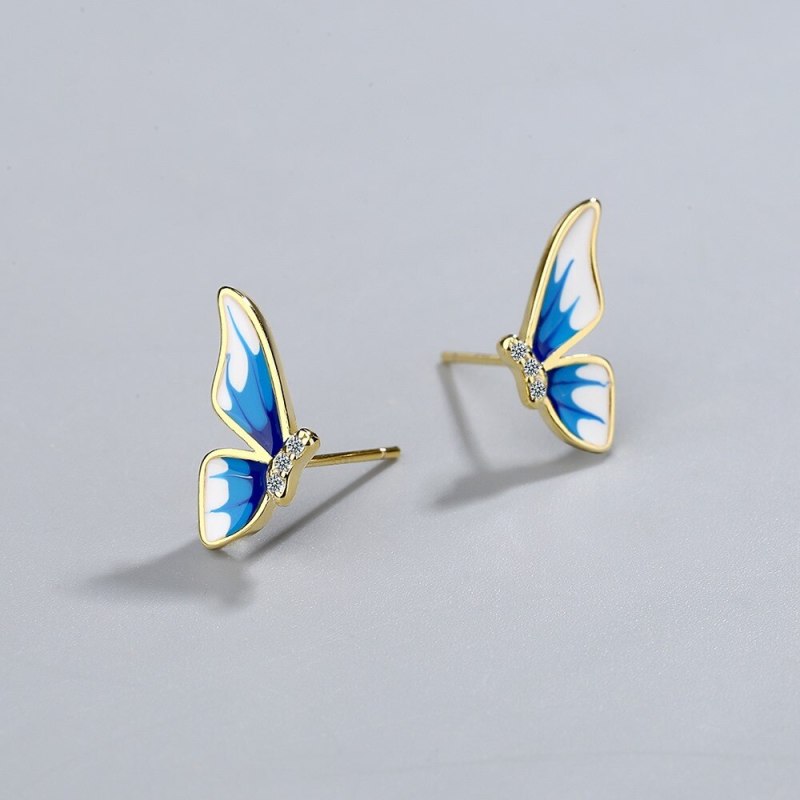 Enamel Color Wings Butterfly Gradient Blue Classical Antique Earrings Stud Earrings XzED904