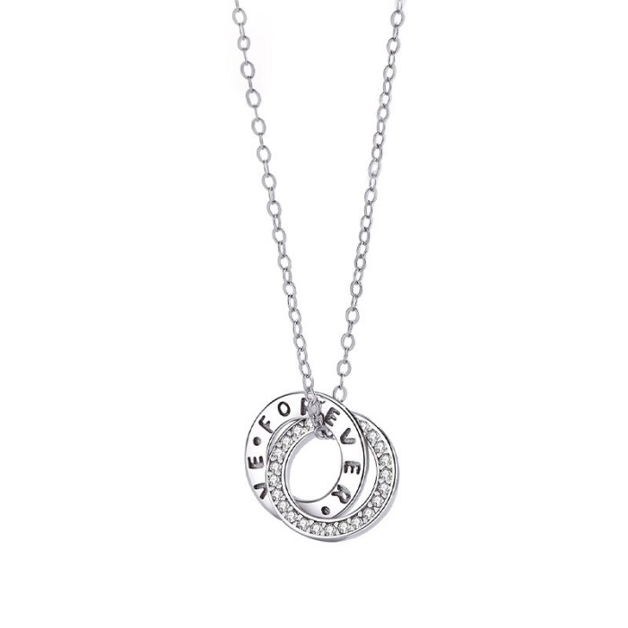 925 Sterling Silver Necklace Female Clavicle Chain Japanese and Korean Round Double Ring Pendant English Letter Necklace MlA1835