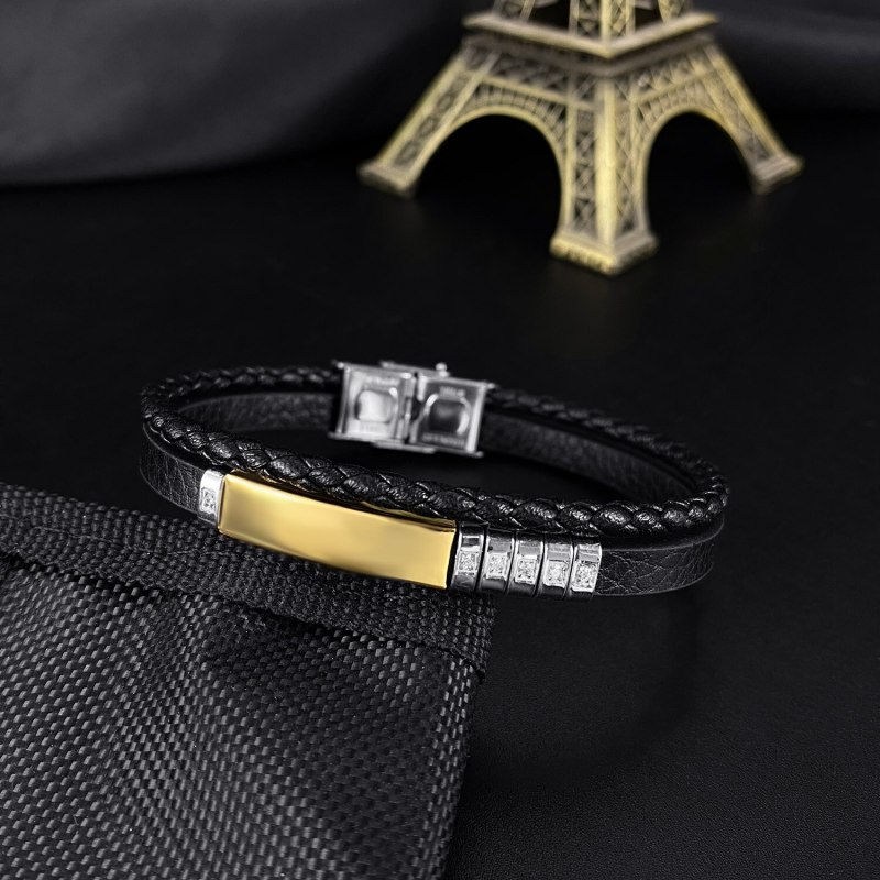 The New Simple Titanium Steel Diamond Men's Leather Bracelet Street Tide Men's Jewelry Wholesale Gb1452