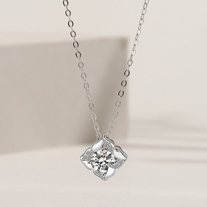 S925 Sterling Silver Rose Necklace Female Ins Korean-Style Zircon Flower Pendant Silver Mla1822