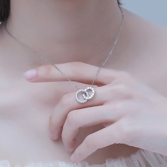 925 Sterling Silver Necklace Female Clavicle Chain Japanese and Korean Round Double Ring Pendant English Letter Necklace MlA1835