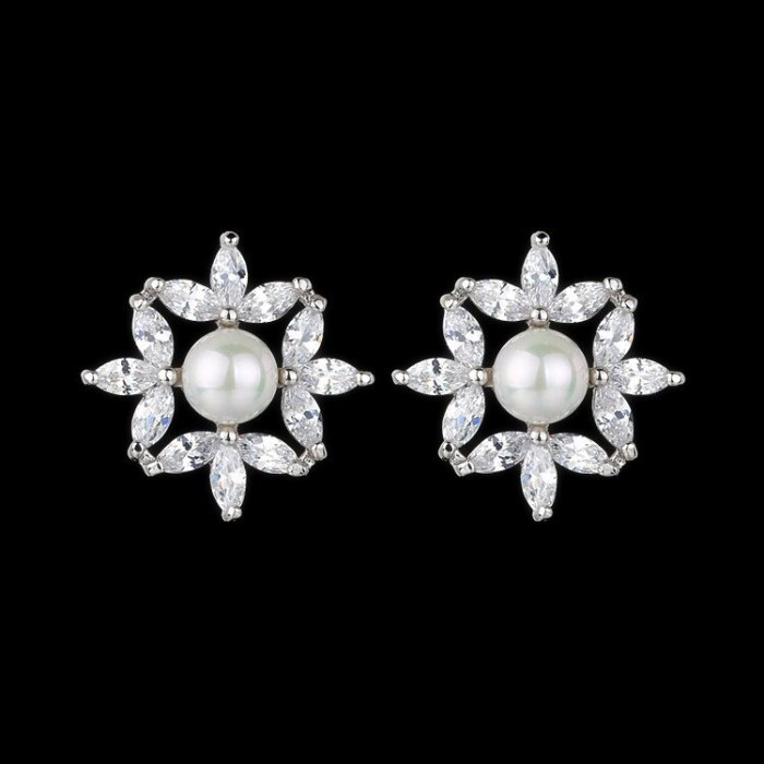 Zircon Flower Pearl Set Earrings Women's White Gorgeous Earrings Stud Earrings QxWE1348
