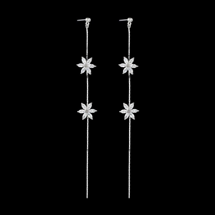 S925 Silver Needle Earrings AAA Zircon Inlaid Flowers Tassel Earrings Korean Style Simple and Fashionable Earrings QxWE1317