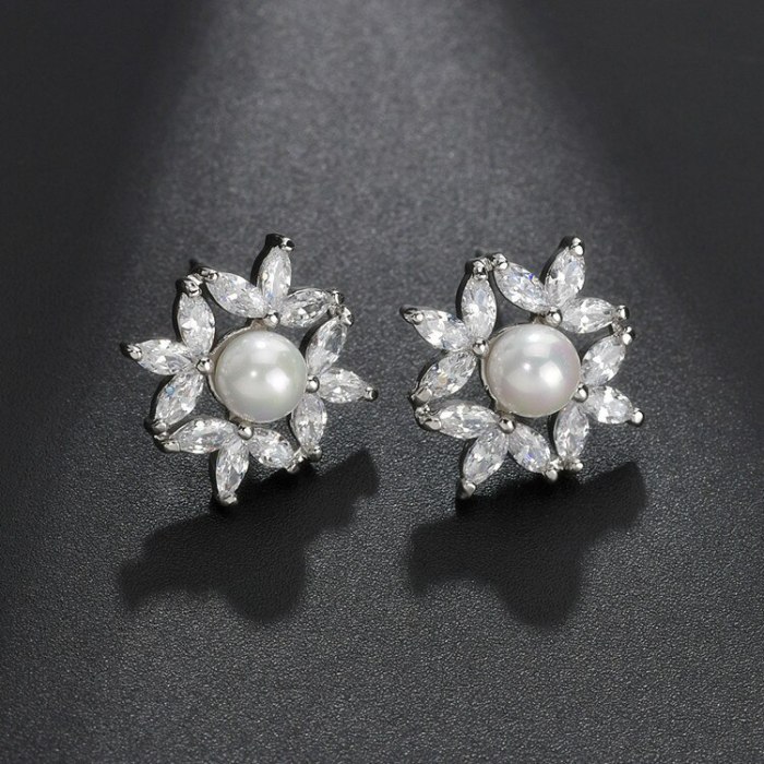 Zircon Flower Pearl Set Earrings Women's White Gorgeous Earrings Stud Earrings QxWE1348