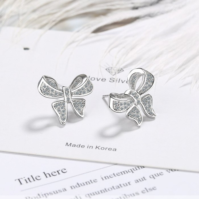 Bowknot Elegant Full Diamond Stud Earrings Women's Simple European and American Personality Cross-Border Earrings Xzed916