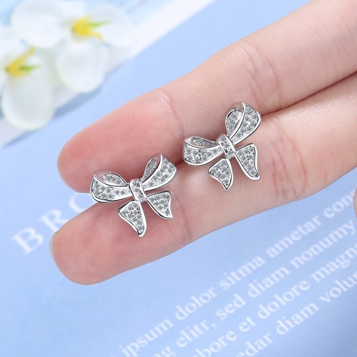 Bowknot Elegant Full Diamond Stud Earrings Women's Simple European and American Personality Cross-Border Earrings Xzed916