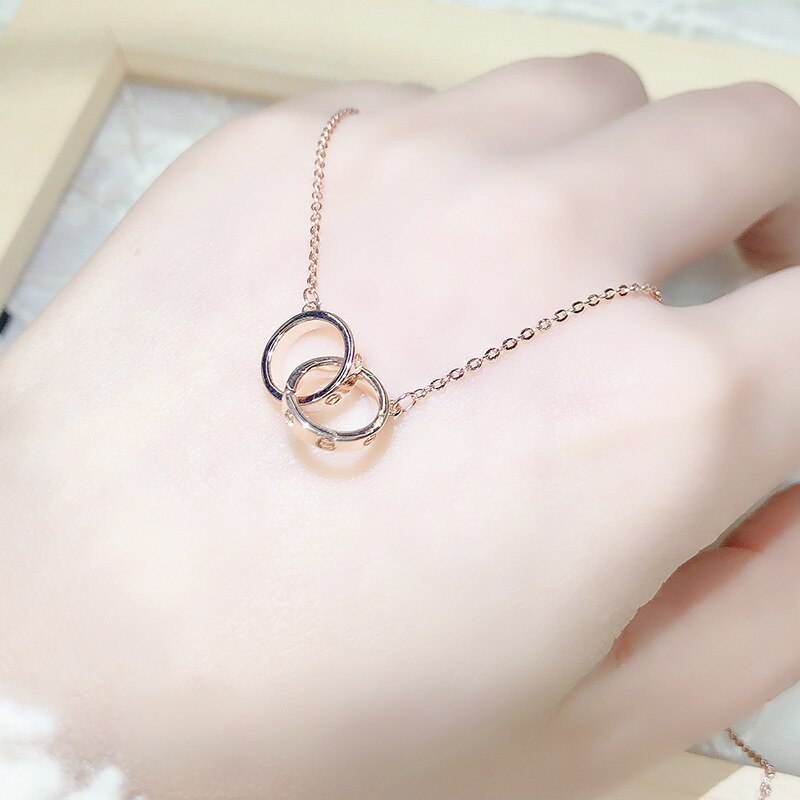 Korean Style Rose Gold Double Ring Necklace Female Ring Couple Gift Letter Love Pendant Clavicle Chain Jewelry Wholesale