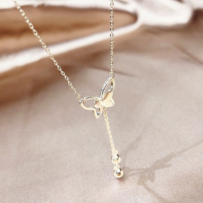 Korean Style New Butterfly Tassel Necklace Two-Color Short Clavicle Chain Trendy Elegant Crystal Necklace