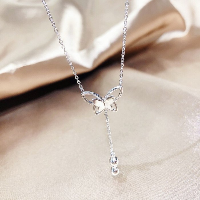 Korean Style New Butterfly Tassel Necklace Two-Color Short Clavicle Chain Trendy Elegant Crystal Necklace