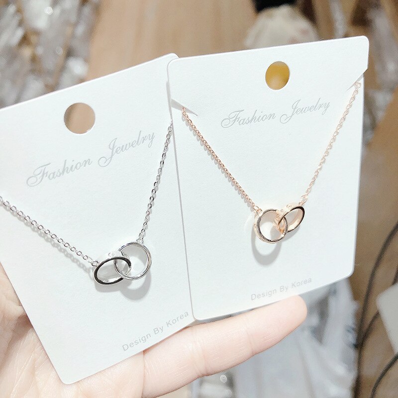 Korean Style Rose Gold Double Ring Necklace Female Ring Couple Gift Letter Love Pendant Clavicle Chain Jewelry Wholesale