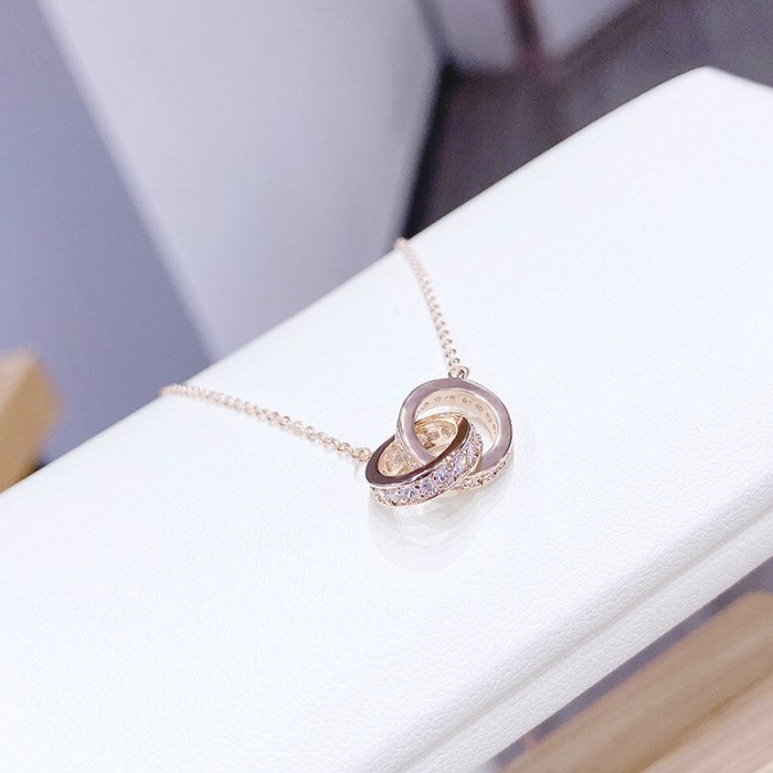 Necklace Women's Fashion Korean-Style Rose Gold Ring Buckle Necklace Double Ring Diamond Women's HY473