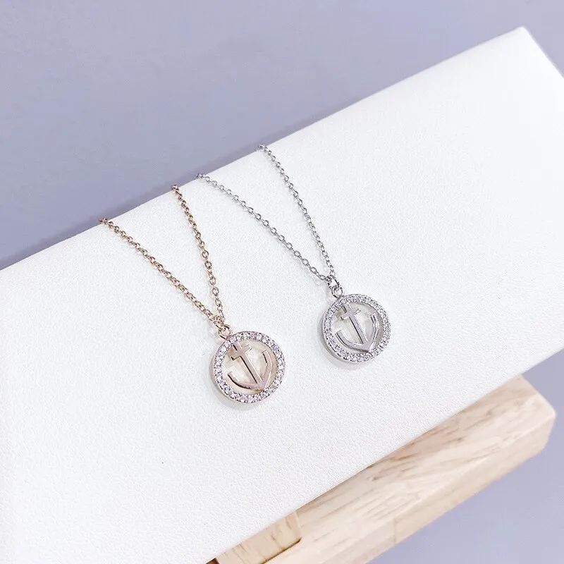 European and American Navy Style Full Diamond Boat Anchor Necklace Women's Short Clavicle Chain Necklace Ornament Yhx294