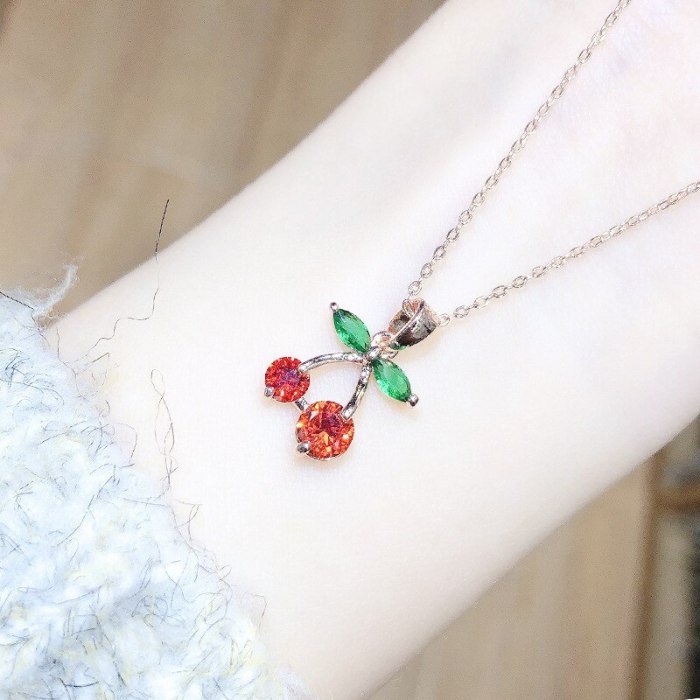 Cute Sweet Korean Style Student Female Small Cherry Necklace Versatile New Zircon Necklace Jewelry