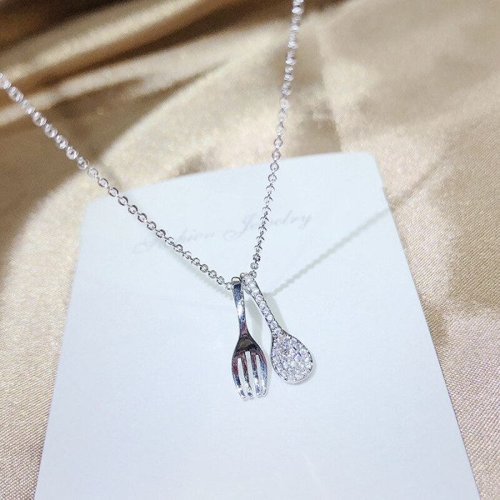 Zircon Spoon Fork Necklace Female Three Meals a Day Theme Ornament Wholesale