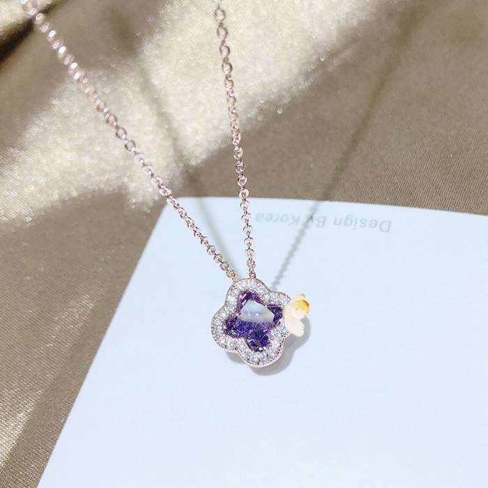 Korean-Style High-End Micro-Inlaid Zircon Pendant Four-Leaf Clover Necklace Lucky Necklace Women's Jewelry