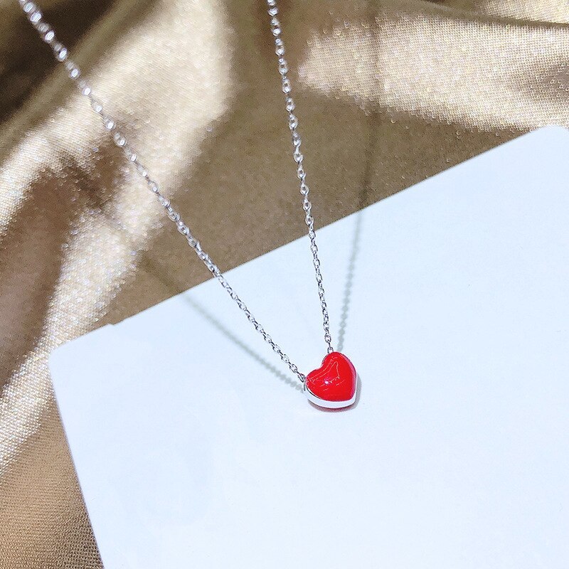 Korean Style Simple Girl Red Peach Heart Love Necklace Clavicle Chain Pendant Gift Female Necklace Jewelry