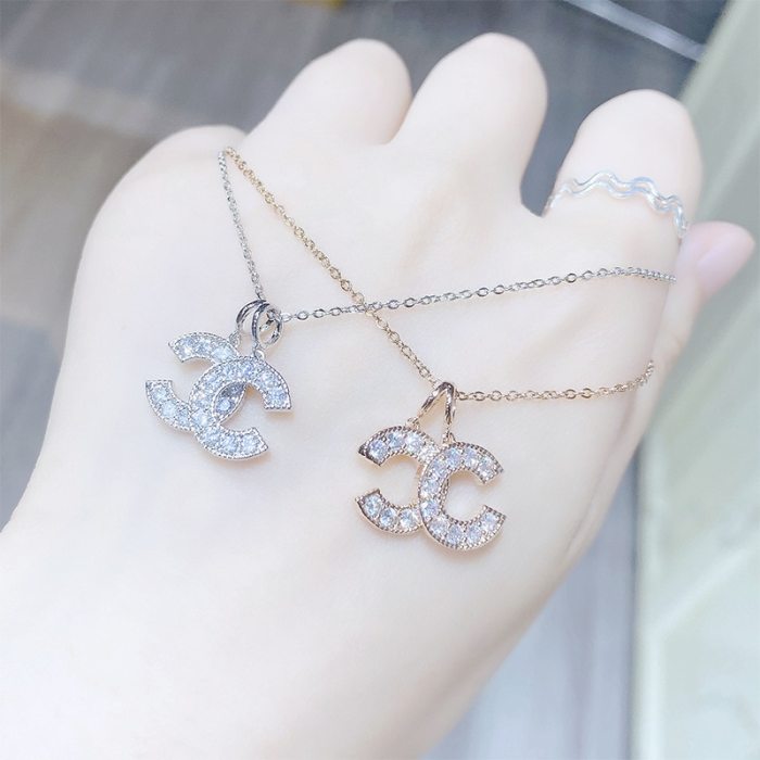 Korean Style Chanel Style Rhinestone Pairs C Clavicle Chain Necklace Simple Fresh Student Temperament Mori Necklace for Women