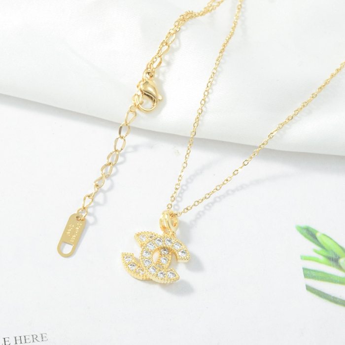 Korean Style Chanel Style Rhinestone Pairs C Clavicle Chain Necklace Simple Fresh Student Temperament Mori Necklace for Women